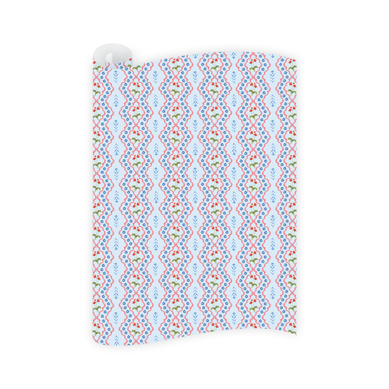 Patterned wrapping paper with blue, red, and green design on a white background