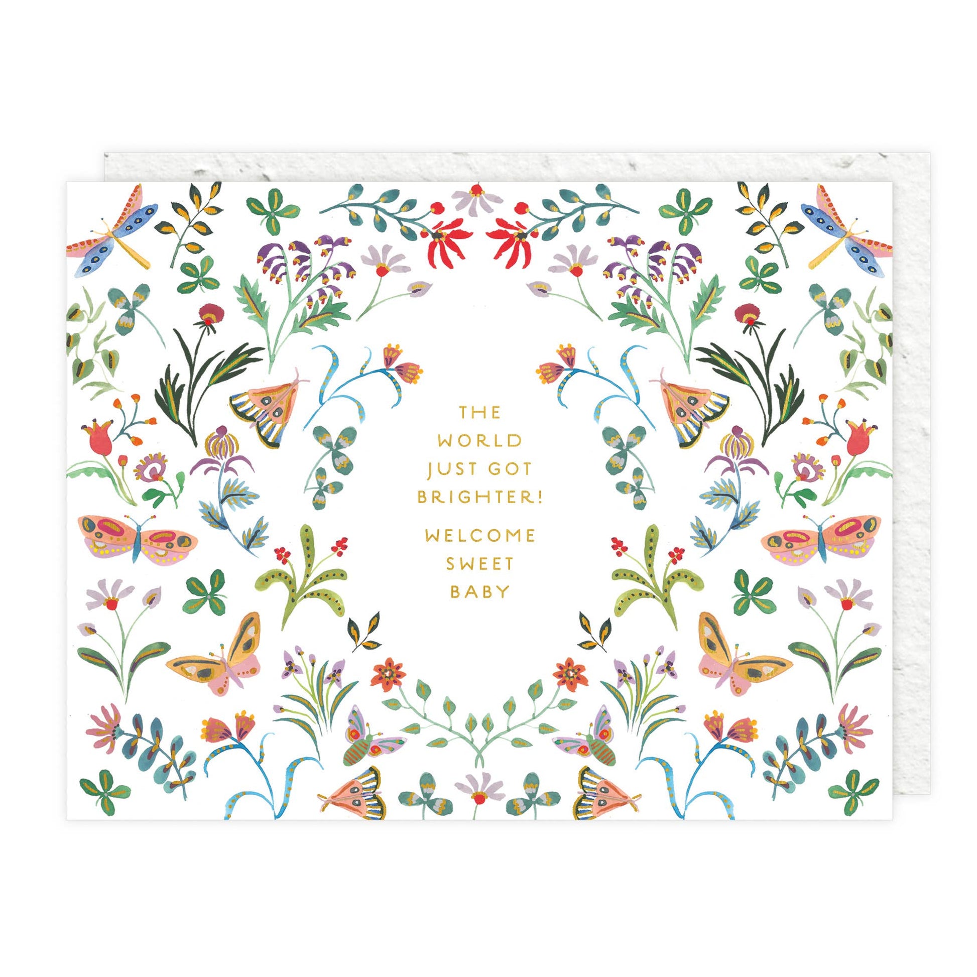 Greeting card with floral and butterfly design and text 'The world just got brighter! Welcome sweet baby'.