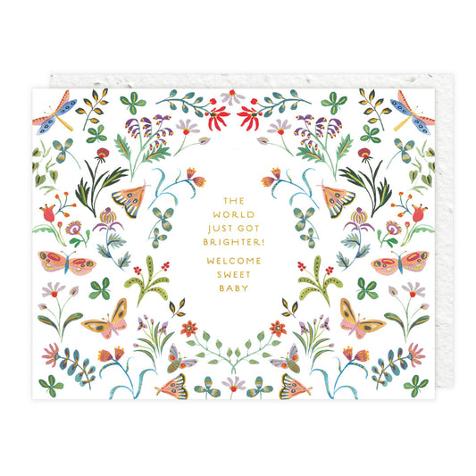 Greeting card with floral and butterfly design and text 'The world just got brighter! Welcome sweet baby'.
