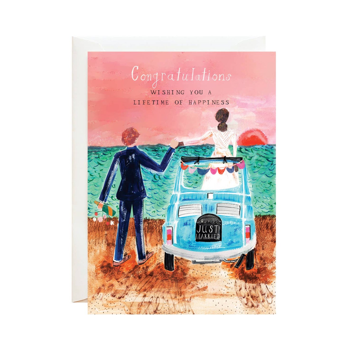 Wedding card with illustration of a couple by a blue convertible car on a beach.