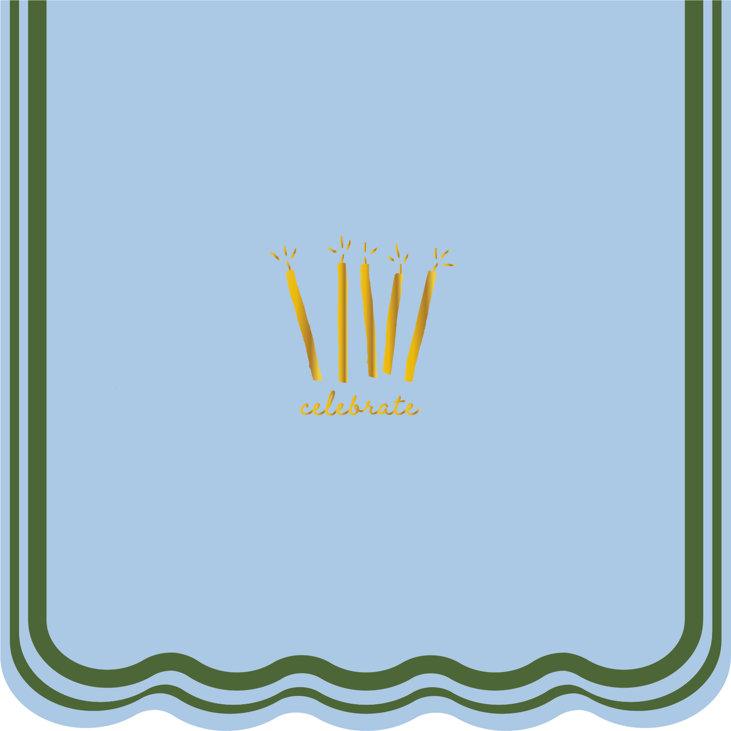 Design with candles and the word 'celebrate' on a light blue background with green border