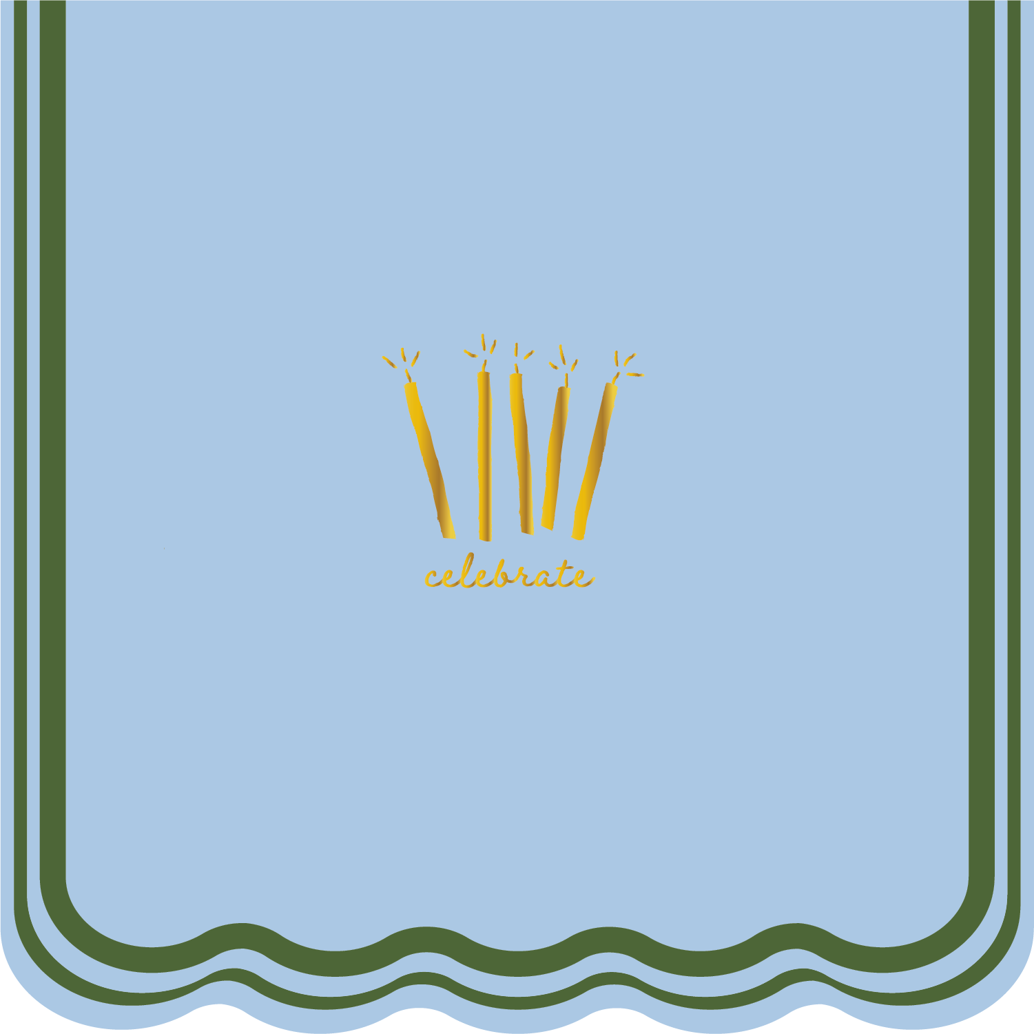 Design with candles and the word 'celebrate' on a light blue background with green border