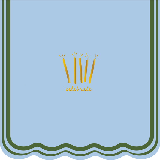 Design with candles and the word 'celebrate' on a light blue background with green border