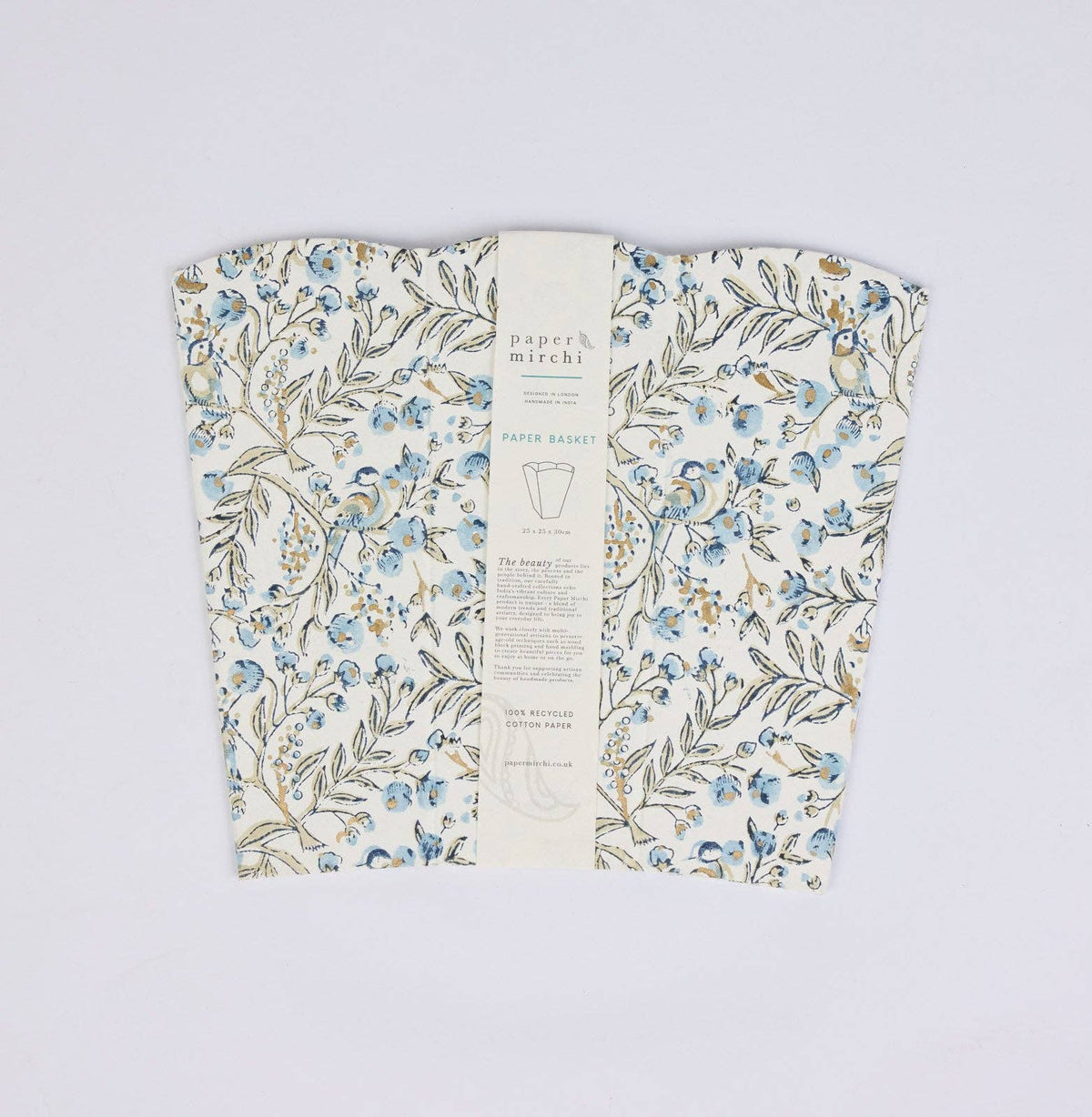 Block Printed Waste Paper Basket - Songbird Blue Stone