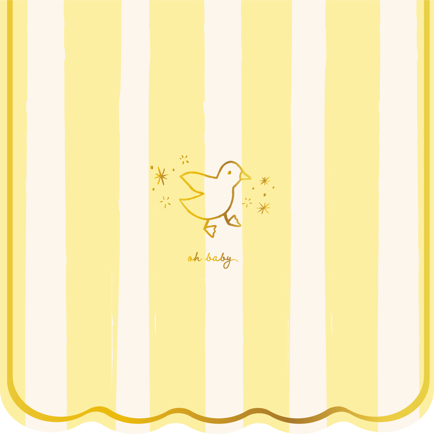 Yellow and white striped background with a chick illustration and 'oh baby' text.