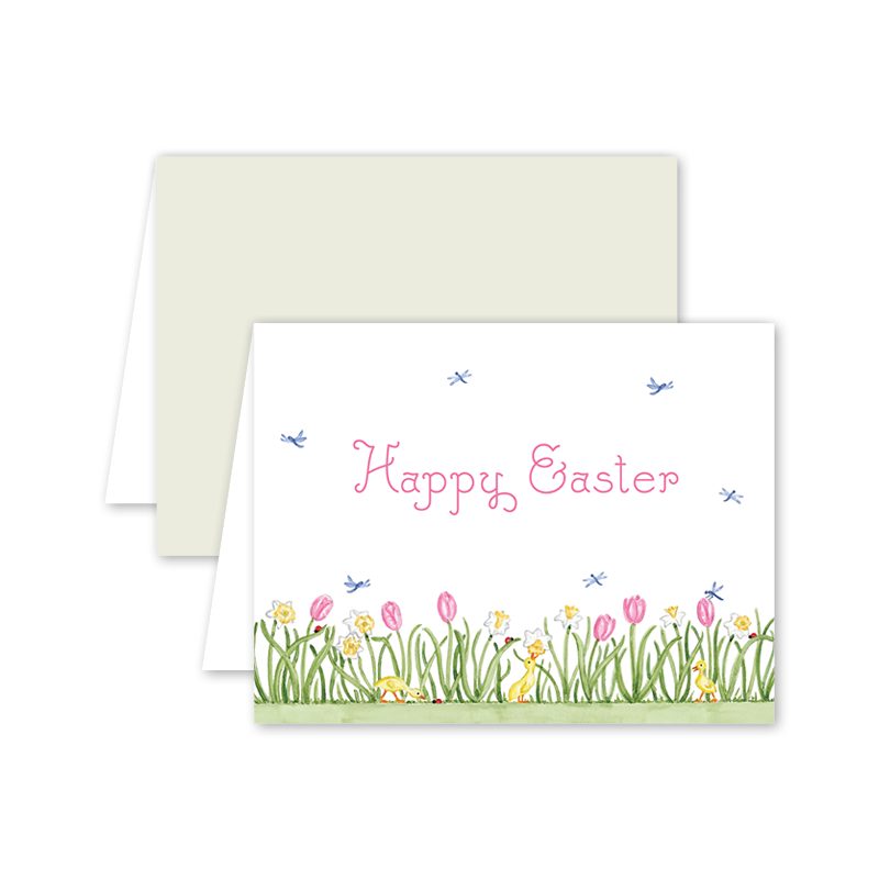 Easter card with 'Happy Easter' text and floral design on a white background