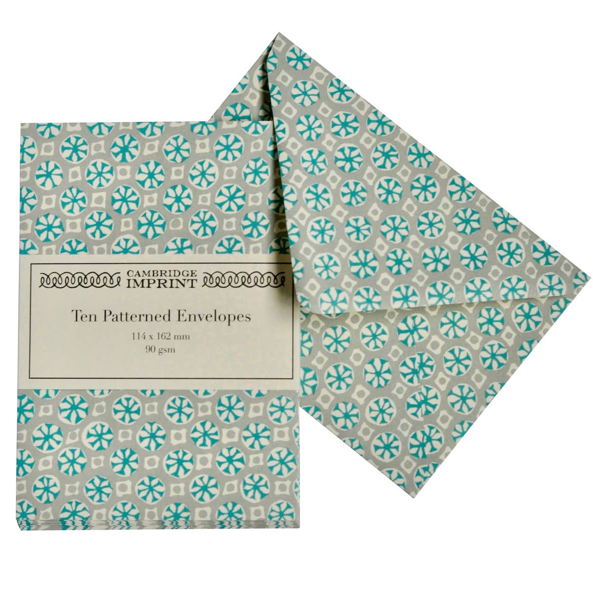 Patterned envelopes with Cambridge Imprint branding on a white background