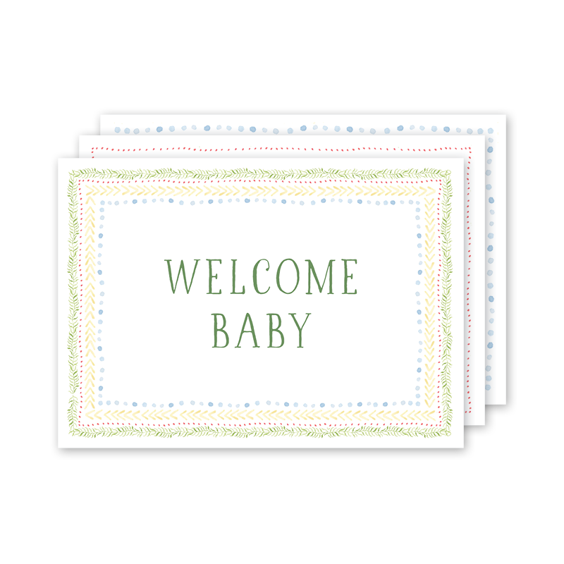 Card with 'Welcome Baby' text on a white background