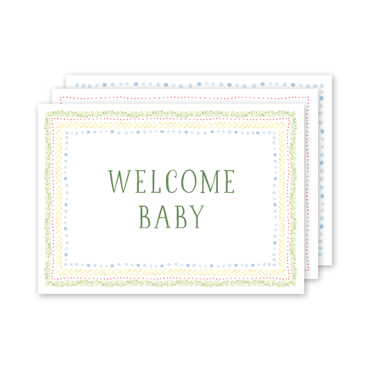 Card with 'Welcome Baby' text on a white background