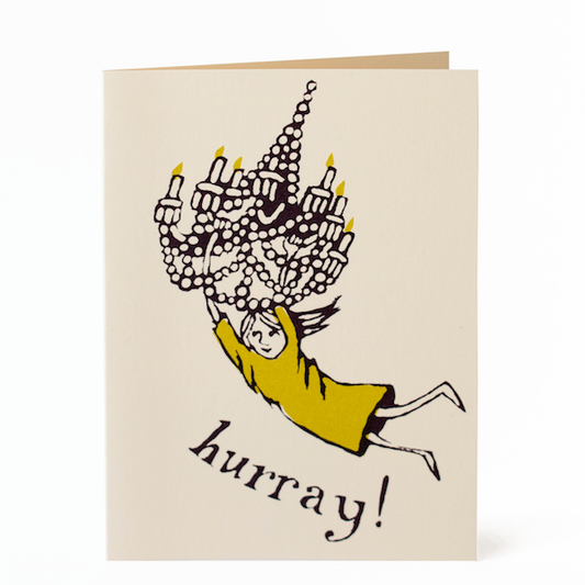 Greeting card with illustration of a child holding candles and the word 'hurray!' on a beige background.