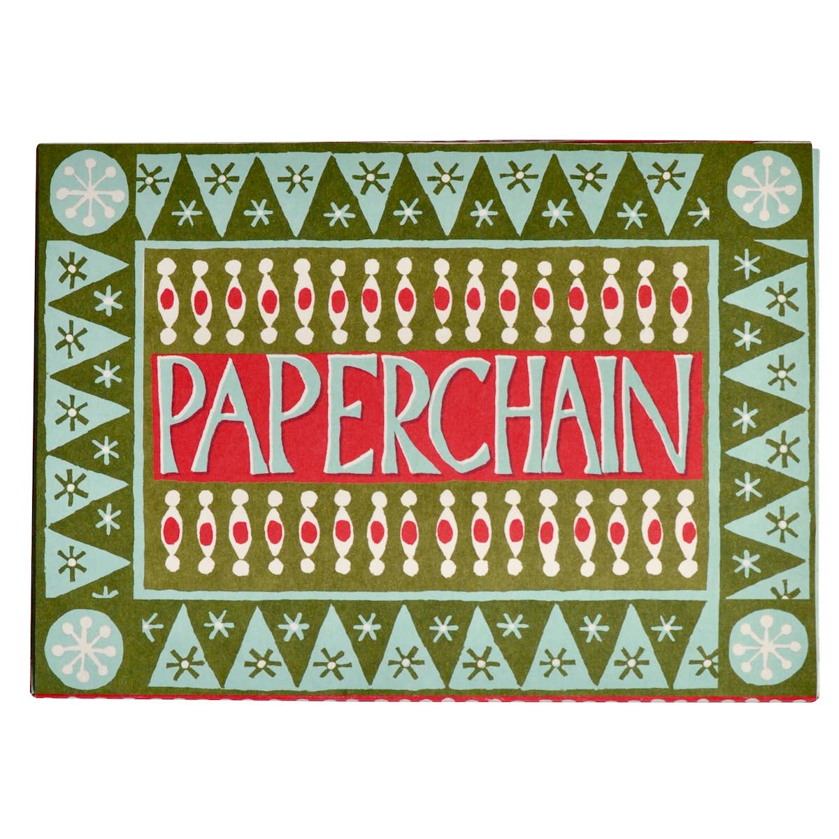 Decorative mat with geometric patterns and 'Paperchain' text on a green background
