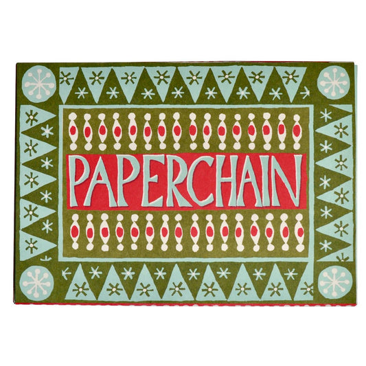 Decorative mat with geometric patterns and 'Paperchain' text on a green background