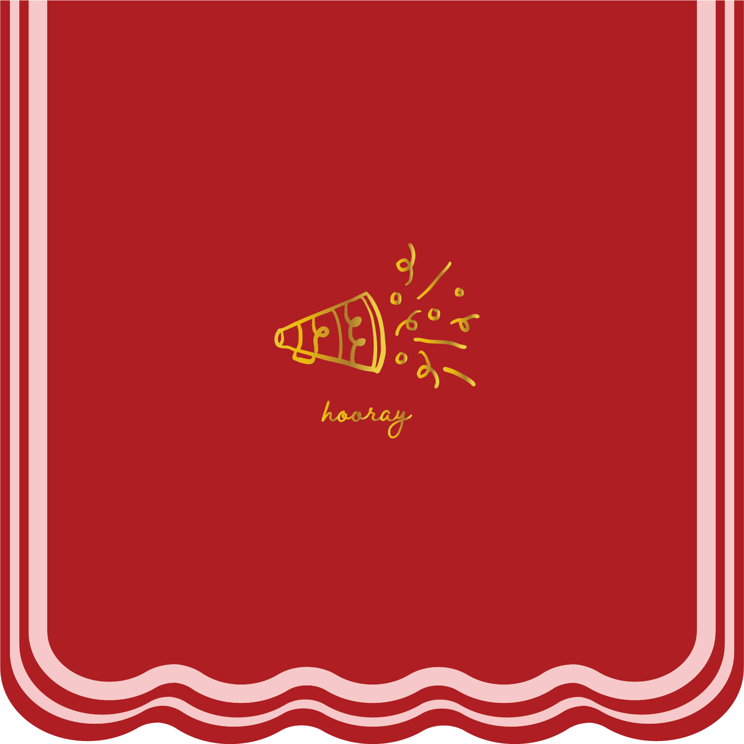Red napkin with a gold 'hooray' design on a white background