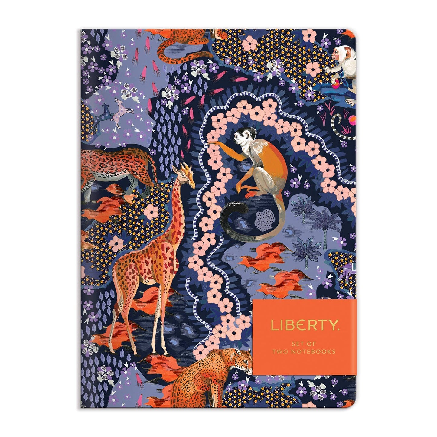 Notebook with colorful animal and floral design on a blue background, featuring the Liberty brand.