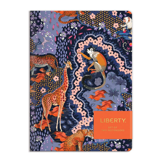 Notebook with colorful animal and floral design on a blue background, featuring the Liberty brand.