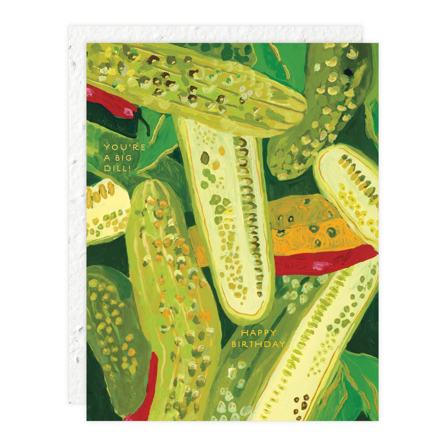 Birthday card with pickle illustration and text on a green background