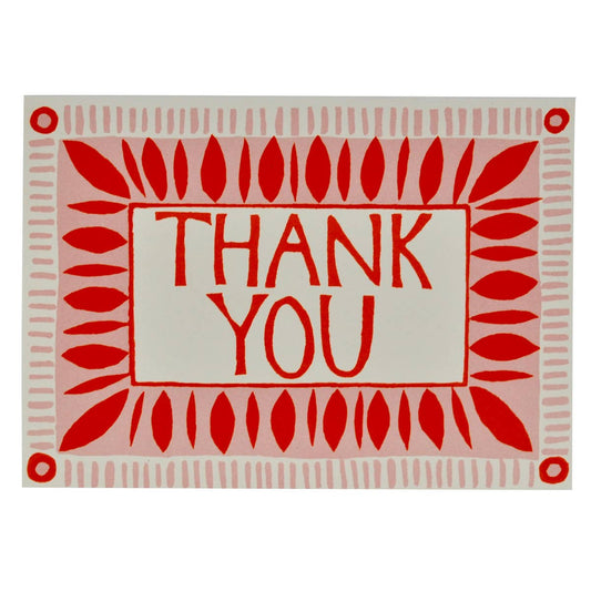 Red 'THANK YOU' card with leaf patterns on a white background