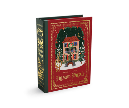 Jigsaw puzzle box with festive design on a white background