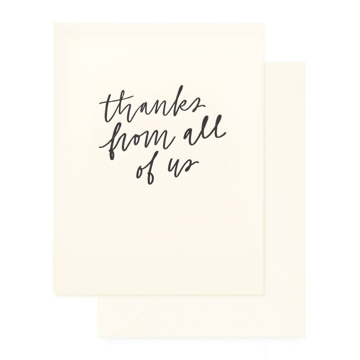 Card with 'Thanks from all of us' text on a beige background