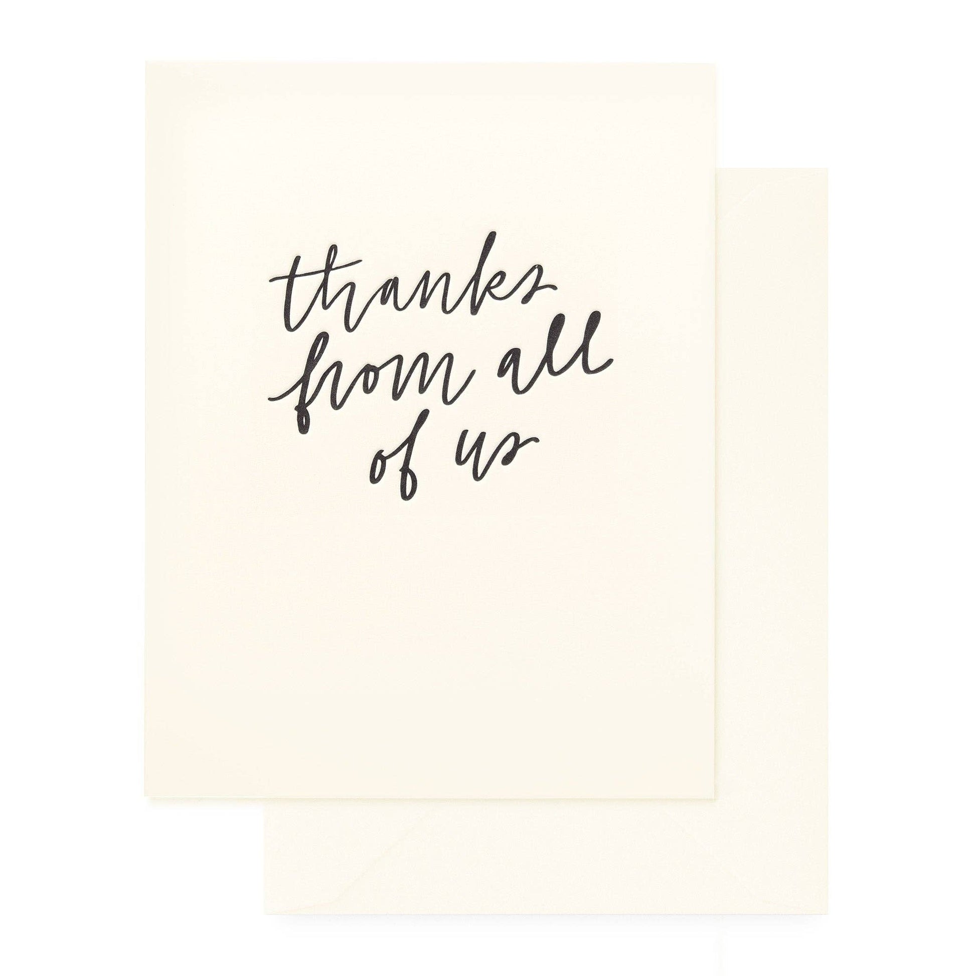 Card with 'Thanks from all of us' text on a beige background