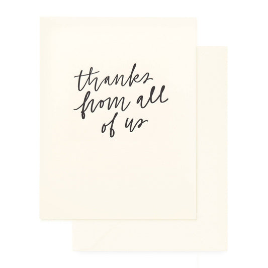 Card with 'Thanks from all of us' text on a beige background