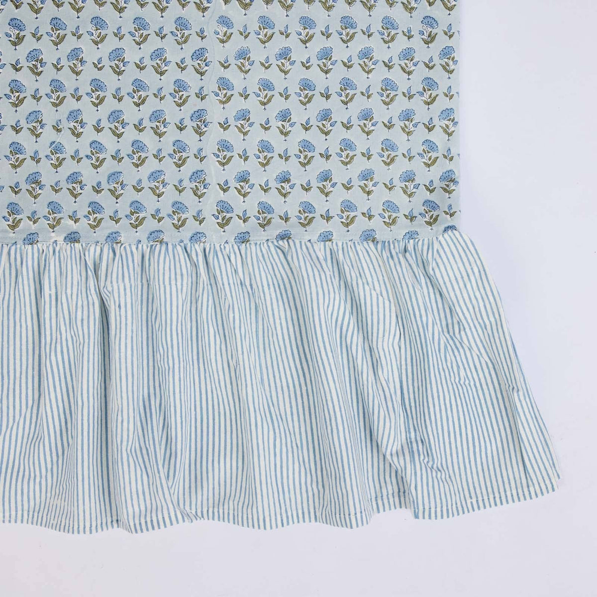 Block Printed Ruffled Tablecloth - Ditsy Floral Blue Stone