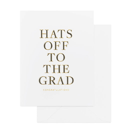 Card with 'Hats Off to the Grad' text on a white background