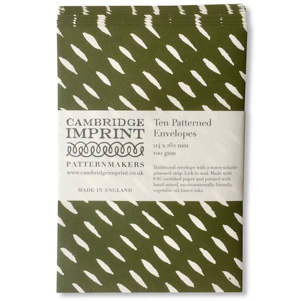 Pack of Cambridge Imprint patterned envelopes with green and white design