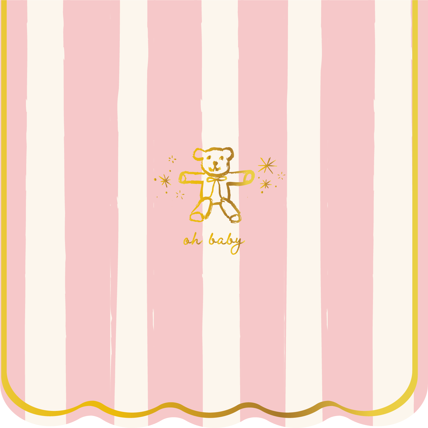 Pink and white striped background with a gold bear illustration and 'oh baby' text.