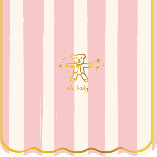 Pink and white striped background with a gold bear illustration and 'oh baby' text.