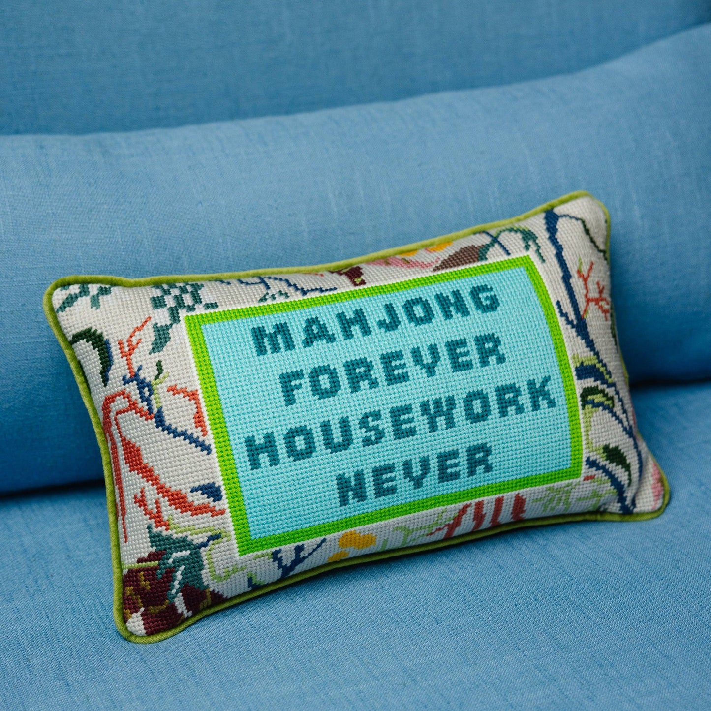 Decorative pillow with 'Mahjong forever housework never'  funny pillow