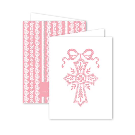 Two pink greeting cards with decorative designs on a white background