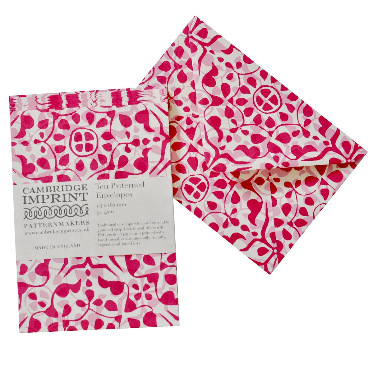 Cambridge Imprint tea patterned envelopes with pink and white design on a white background
