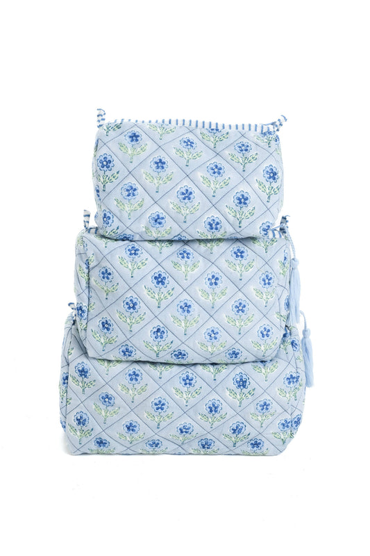 Medium Mona Blockprint Makeup Bag in Blue