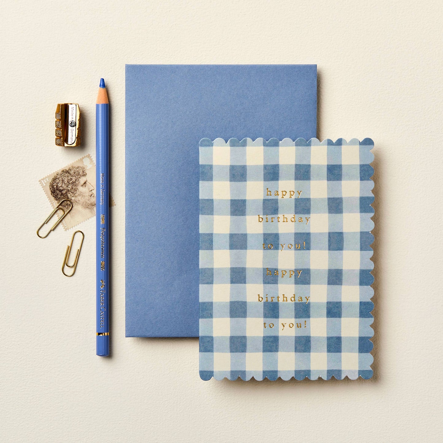 Wanderlust Paper Co - Mid Blue Gingham 'Happy Birthday' Card