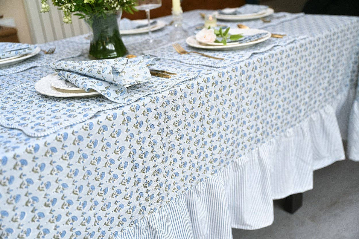 Block Printed Ruffled Tablecloth - Ditsy Floral Blue Stone