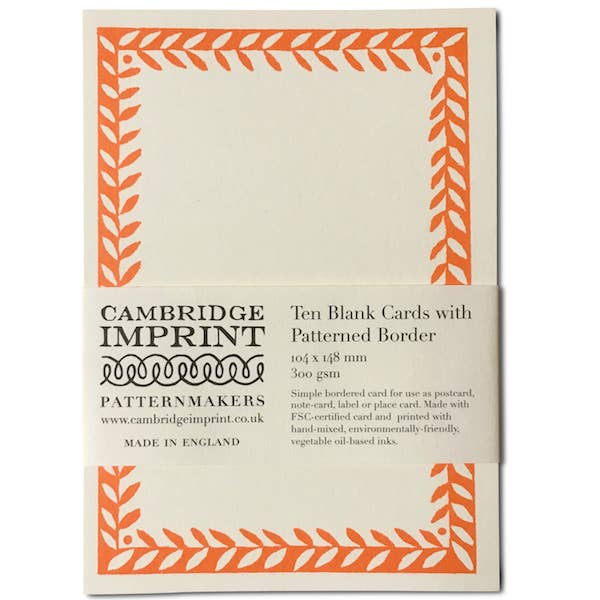 Pack of Cambridge Imprint cards with patterned border on a white background