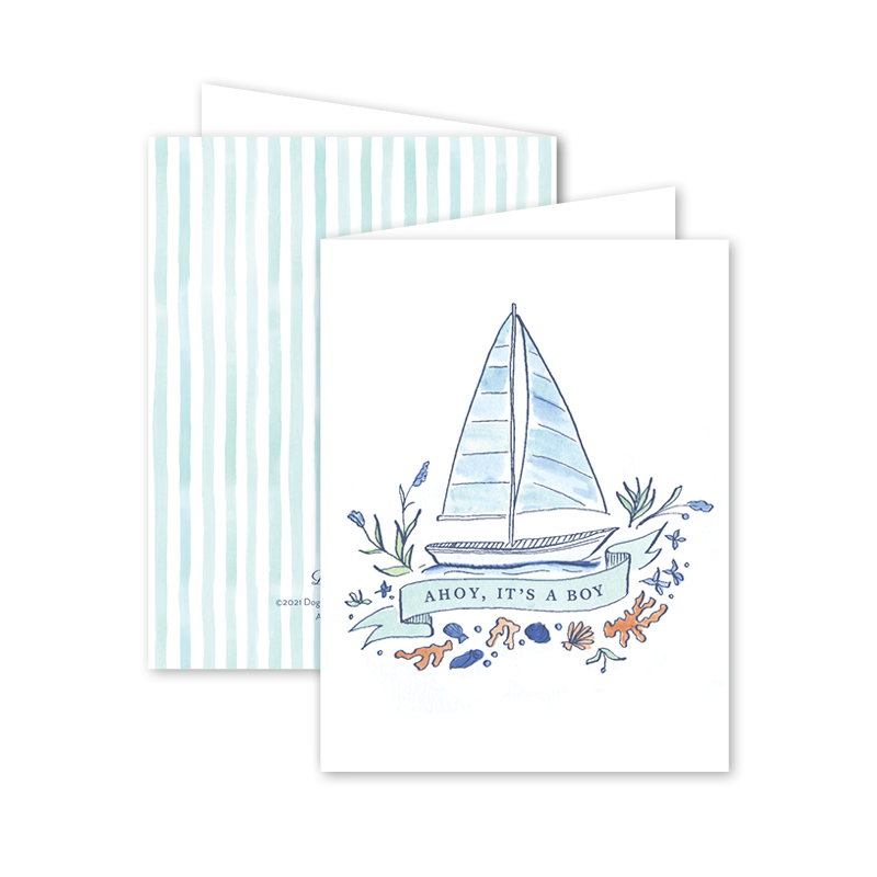 blue sailboat baby announcement notecard