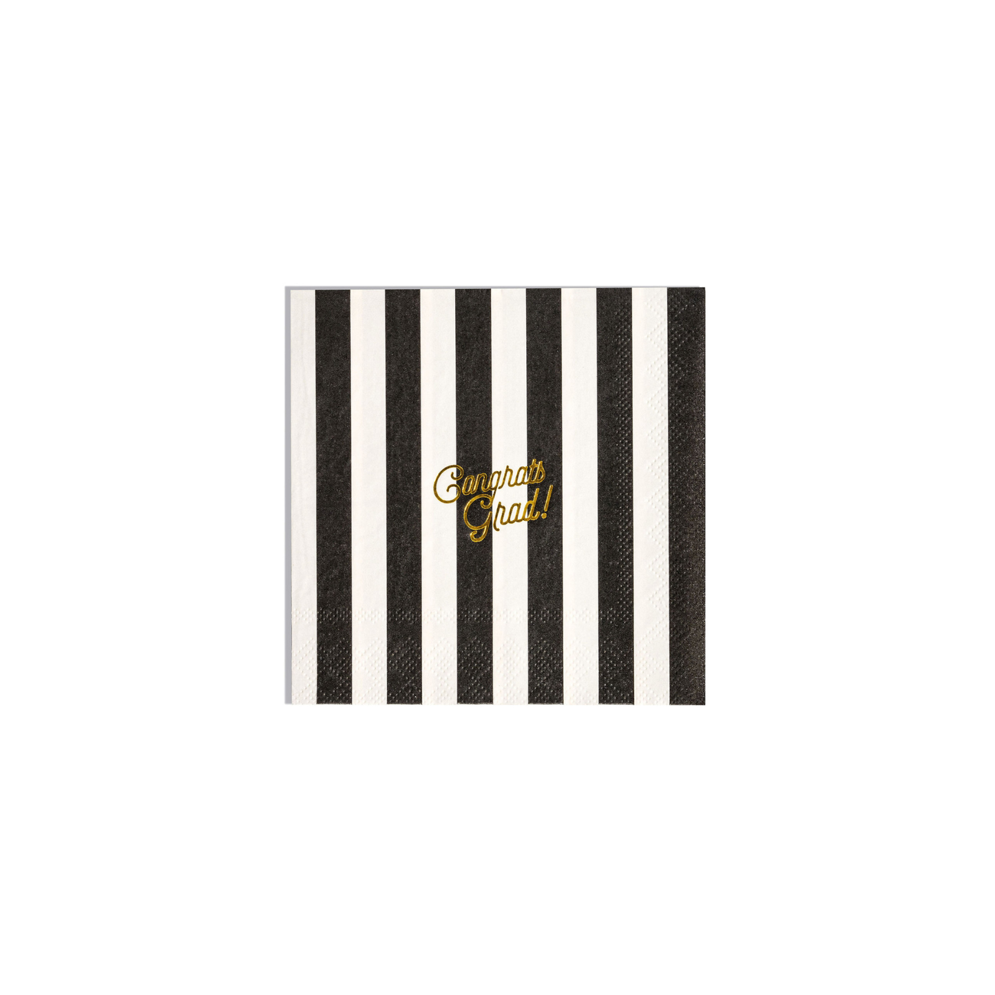 Black and white striped paper napkin with 'Congrats Grad!' text on a white background