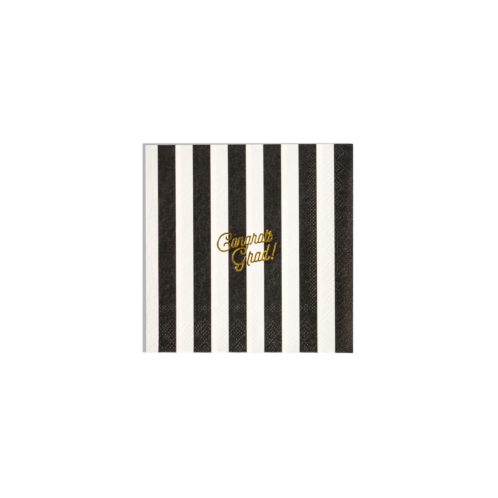 Black and white striped paper napkin with 'Congrats Grad!' text on a white background