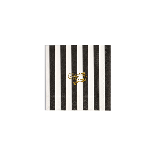 Black and white striped paper napkin with 'Congrats Grad!' text on a white background