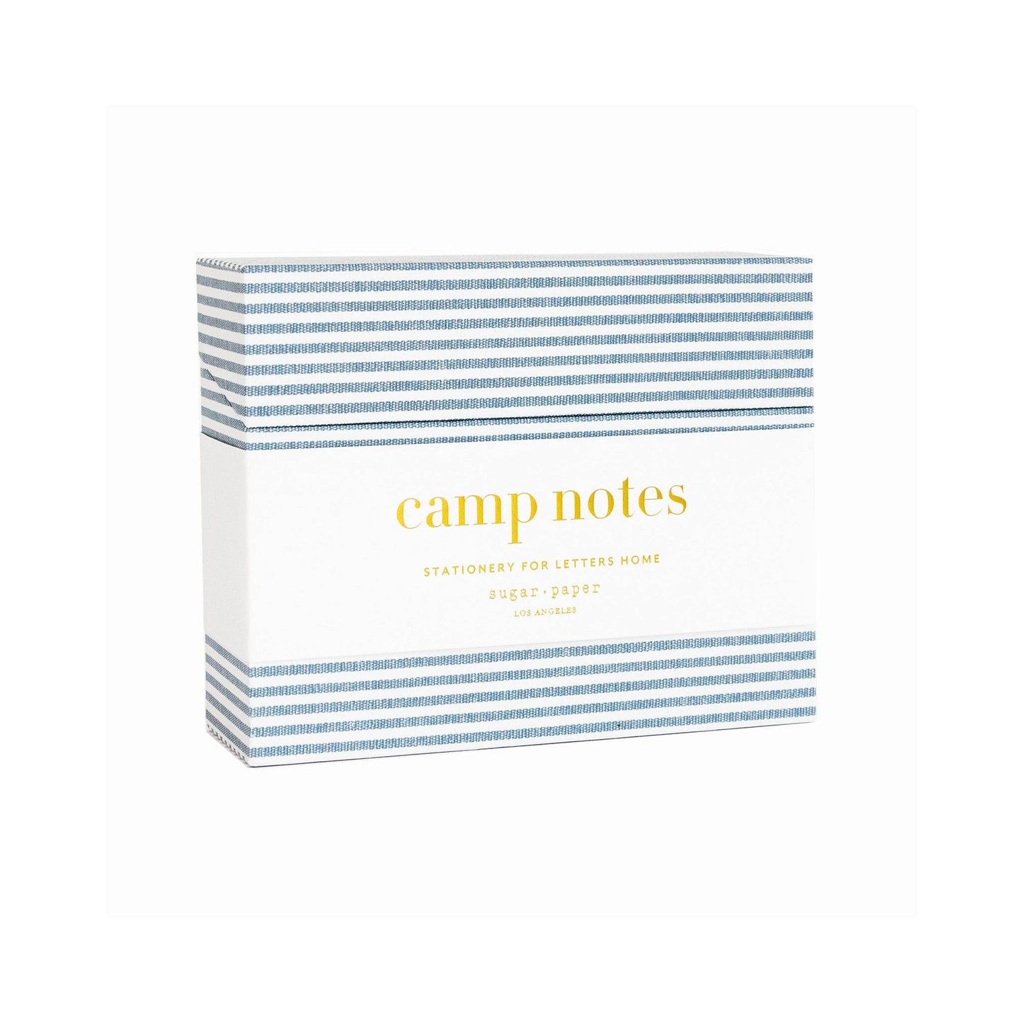 Box of 'camp notes' with blue stripes on a white background