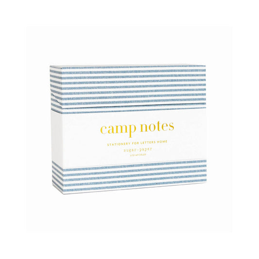 Box of 'camp notes' with blue stripes on a white background