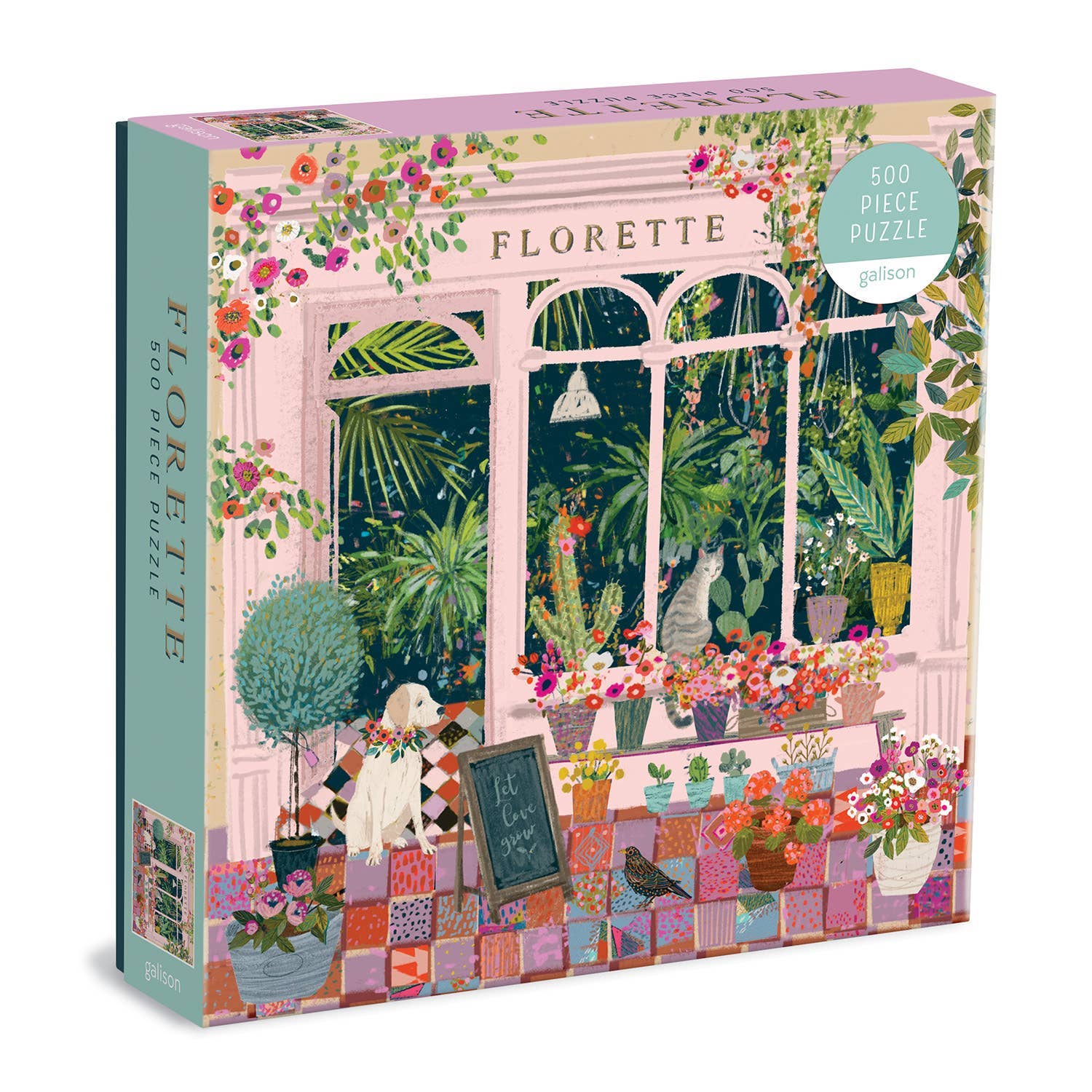 Florette puzzle box with a colorful design of a window view with plants and animals.