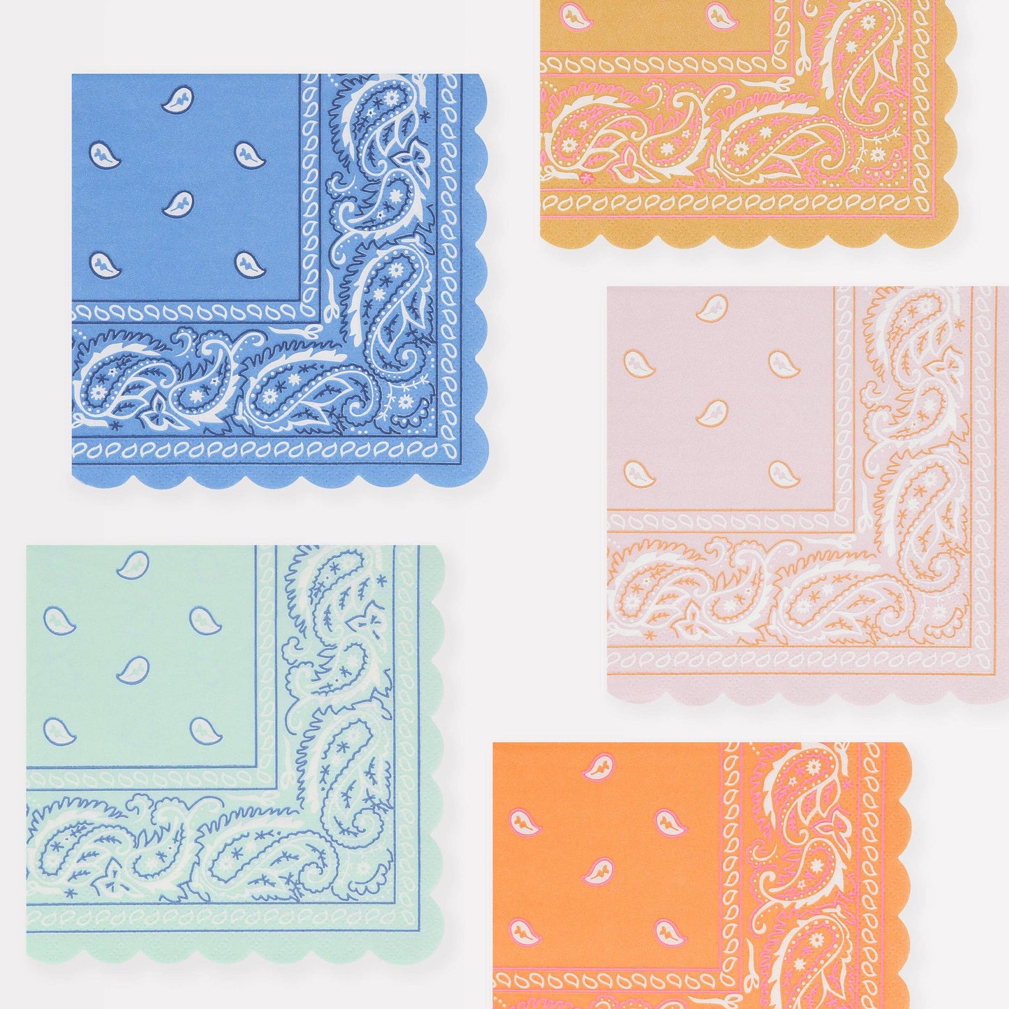 Set of colorful bandana-patterned paper napkins in various colors.