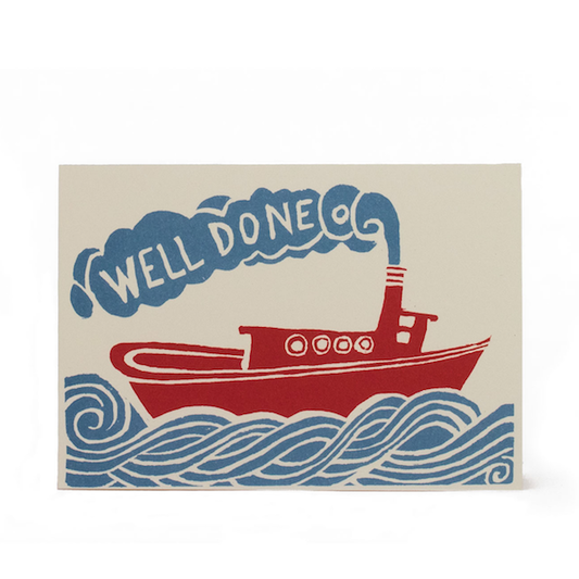 Card with a red boat and 'Well Done' text on a beige background