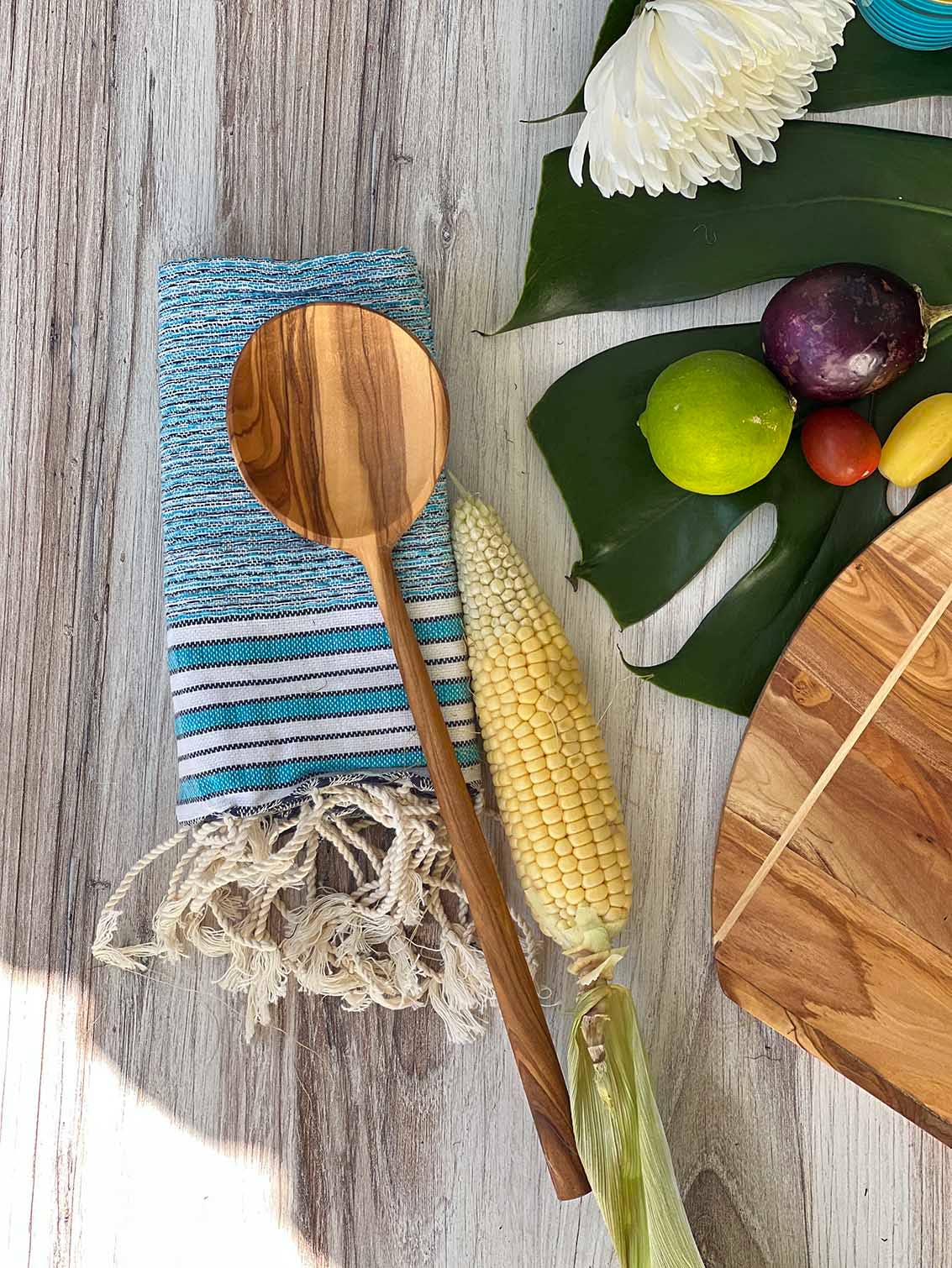 Olive Wood  Round Spoon Thin Handle 12"