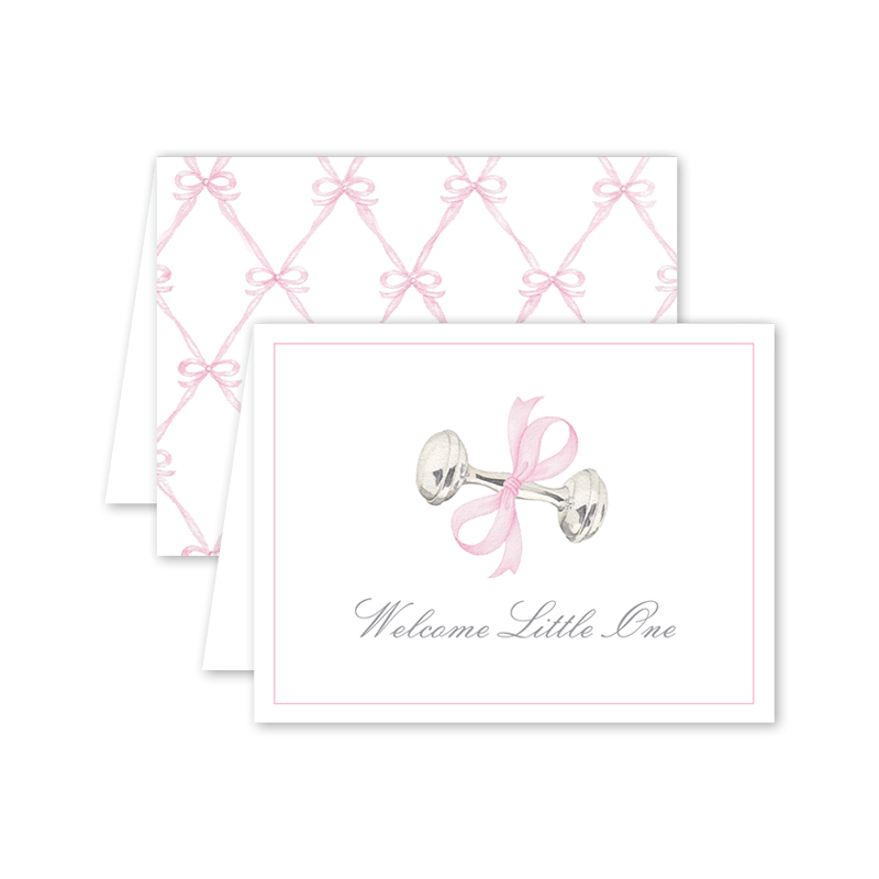 pink bow and rattle welcoming baby card
