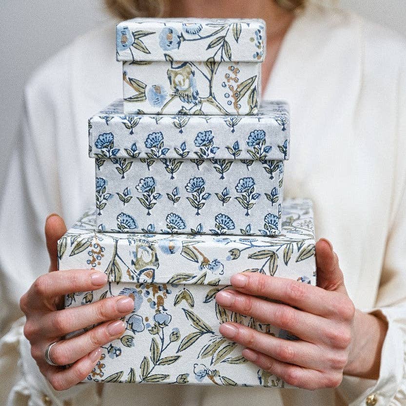 Block Printed Gift Boxes - Floral Blue Stone
