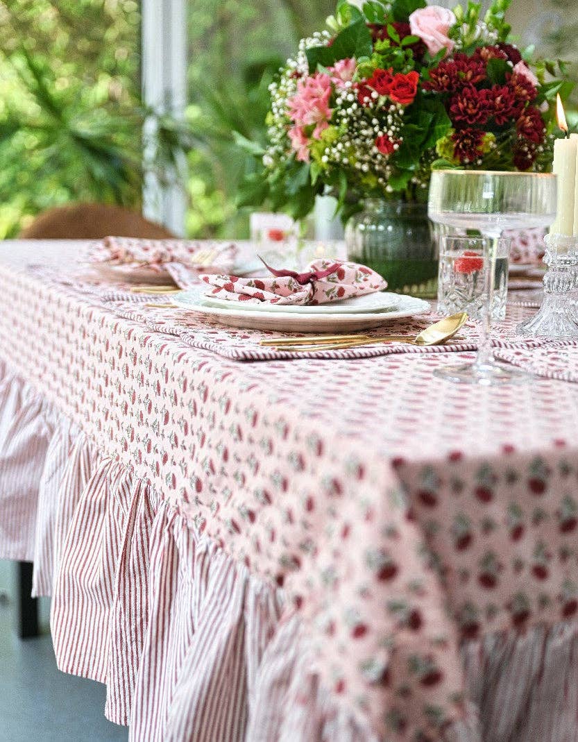 Block Printed Ruffled Tablecloth - Ditsy Floral Scarlet